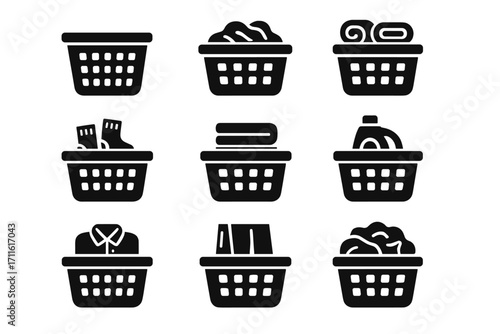 Laundry tasks silhouette icon set. featuring clothes, detergent, washing machine, basket, and folded towels