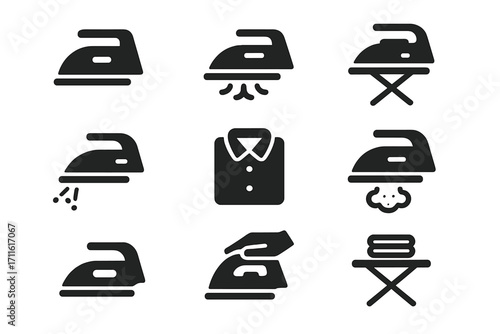 Laundry silhouette icon set. featuring iron, ironing board, water spray, steam, shirt, hand ironing, folded clothes