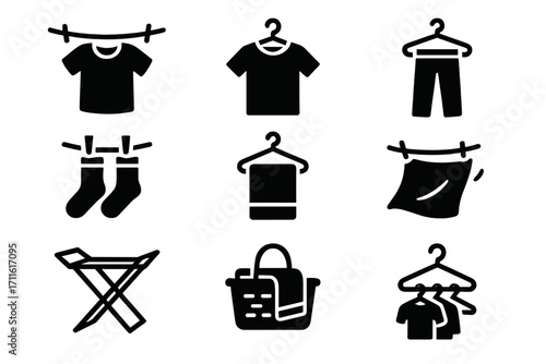 Laundry silhouette icon set. featuring t-shirt, pants, socks, towel, drying rack, basket, hangers