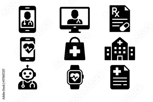 Medical silhouette icon set. featuring doctor, monitor, prescription, health app, hospital, robot, smartwatch