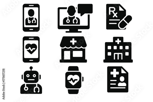 Healthcare silhouette icon set. featuring doctor, prescription, pharmacy, robot, and smartwatch symbols