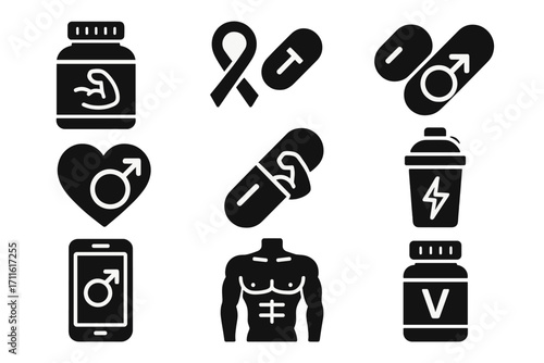 Fitness and nutrition silhouette icon set. featuring supplements, muscle, heart, and bottle symbols