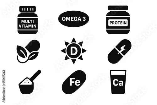 Supplements silhouette icon set. featuring multivitamin, omega 3, protein, vitamin d, calcium, iron, herbal, powder, capsule symbols