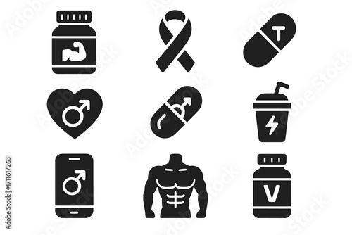 Fitness and health silhouette icon set. featuring supplements, awareness ribbon, pill, heart, energy drink, and muscles