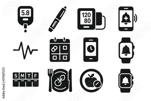 Health monitoring silhouette icon set. featuring glucose, pen, blood pressure, reminder, ecg, calendar, and smartwatch symbols