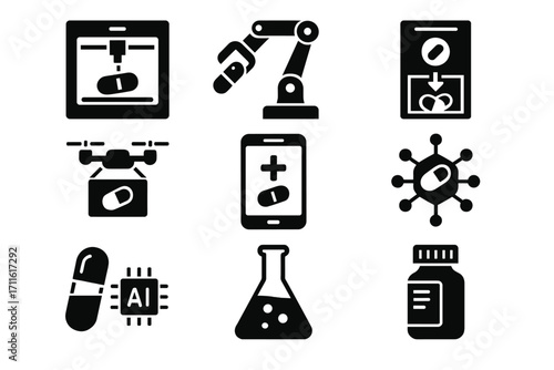 Pharmacy and science silhouette icon set. featuring tablet, robot arm, drone, ai, test tube, and medicine bottle