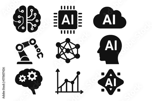 Technology silhouette icons set. featuring ai, cloud, neural network, robotic arm, and graph symbols