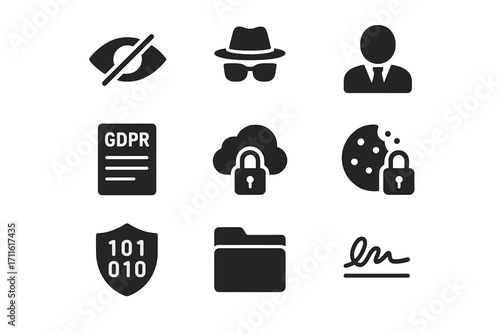 Data security silhouette icon set. featuring privacy, gdpr, cloud security, data protection, and encryption symbols