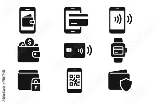 Payment methods silhouette icon set. featuring mobile wallet, card, nfc, smart watch, qr code, secure transactions