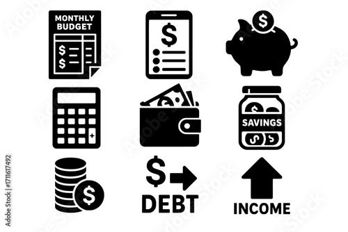 Finance and budgeting silhouette icons set. featuring budget, calculator, piggy bank, wallet, coins, debt, income