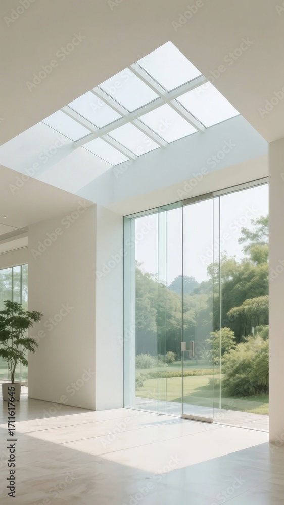 Fototapeta premium Modern interior space with large glass doors and skylight overlooking greenery
