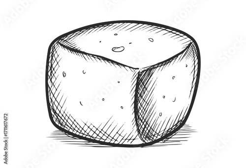 Hand-drawn cheese block sketch with crosshatching details - stock vector