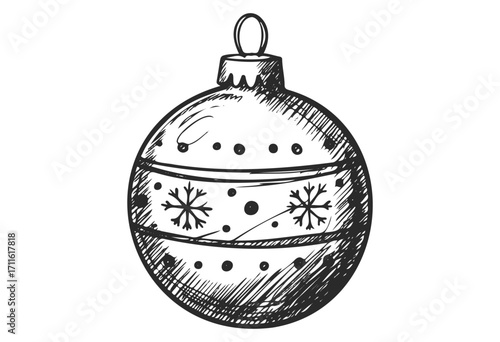 Hand-drawn festive christmas ornament with snowflake pattern and hanging loop - stock vector