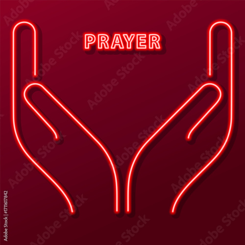 prayer hand neon sign, modern glowing banner design, colorful modern design trends. Vector illustration.