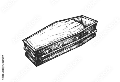 Hand-drawn wooden coffin illustration in black and white sketch style - stock vector
