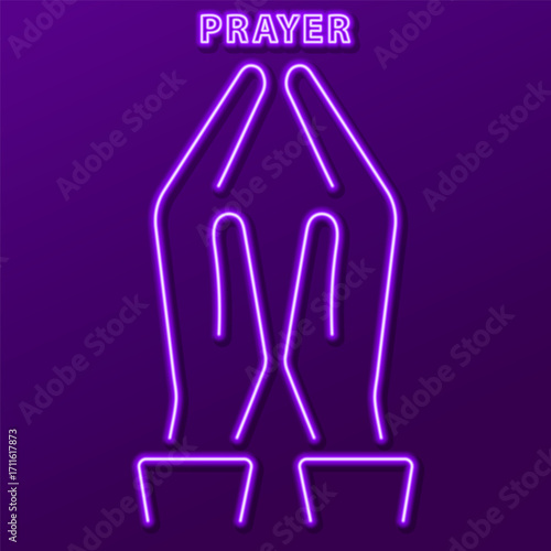 prayer hand neon sign, modern glowing banner design, colorful modern design trends. Vector illustration.