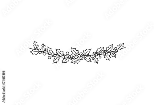 Black and white holly leaf and berry garland design - stock vector