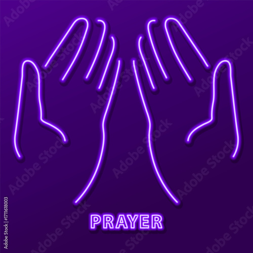 prayer hand neon sign, modern glowing banner design, colorful modern design trends. Vector illustration.