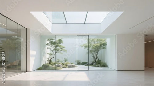 Modern interior space with glass walls and indoor garden illuminated by skylight