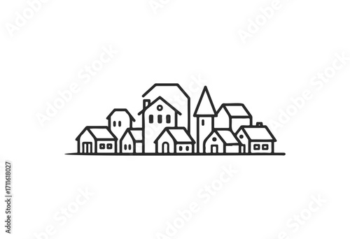 Minimalist black and white village illustration with various buildings and houses - stock vector