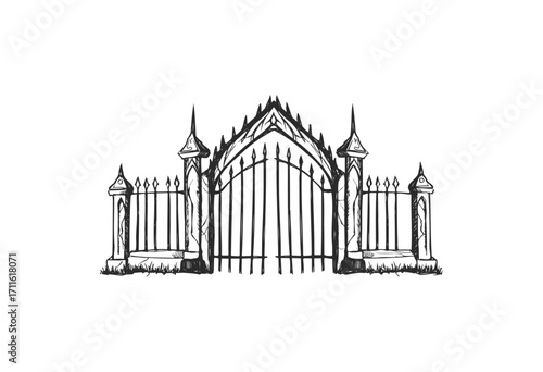 Black gothic gate with spiked tips and ornate design in monochrome - stock vector