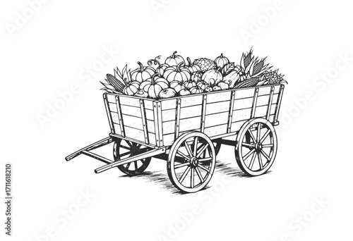 Vintage wooden cart overflowing with fresh produce in black and white drawing - stock vector
