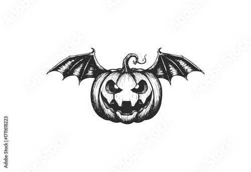 Spooky jack-o'-lantern with bat wings illustration for halloween decor - stock vector