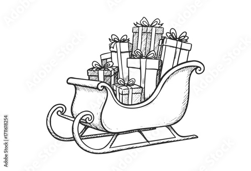 Hand-drawn sleigh with stacked gifts in black and white line art style - stock vector