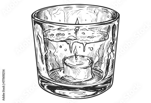 Ink drawing of candle melting in a glass holder with intricate details - stock vector