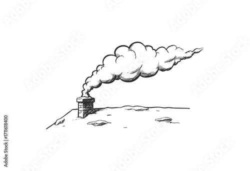 Hand-drawn sketch of a smoking chimney on a roof emitting clouds on a clear sky - stock vector