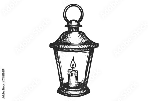 Vintage lantern with candle hand-drawn sketch illustration - stock vector
