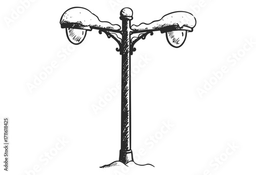 Vintage snow-covered street lamp post in winter - stock vector