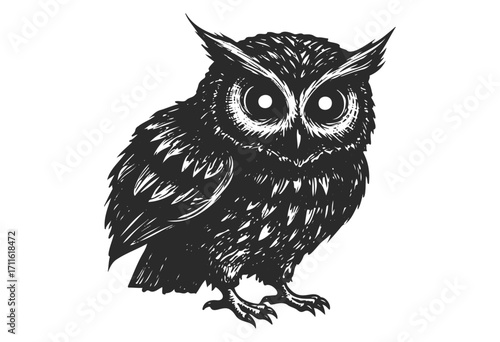 Detailed black and white owl illustration with expressive eyes and textured feathers - stock vector