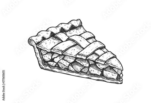 Hand-drawn slice of traditional apple pie with detailed lattice crust - stock vector