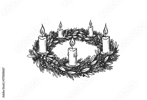 Festive holiday wreath with five lit candles in black and white illustration - stock vector