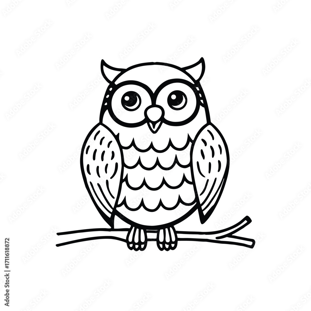 Fototapeta premium Cute cartoon owl sitting on a branch simple line drawing