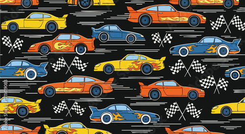Cartoon race cars and checkered flags pattern for vibrant kids fabric design projects