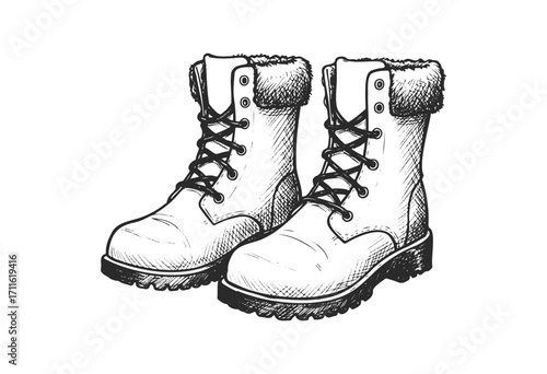 Hand-drawn hiking boots with fur lining and laces on a - stock vector