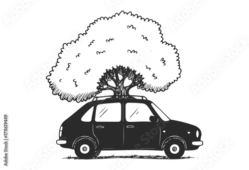 Tree growing through car roof: surreal nature illustration - stock vector