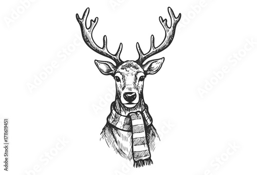 Hand-drawn deer with scarf and antlers in black and white illustration - stock vector