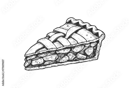 Black and white sketch of a slice of lattice-topped fruit pie - stock vector