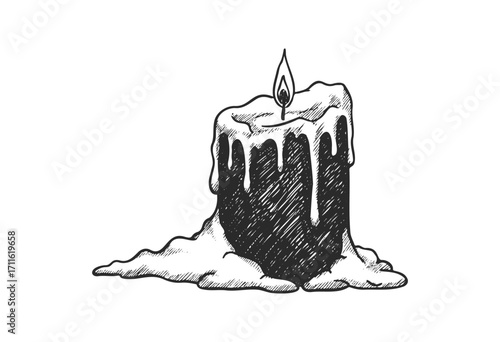 Vintage hand-drawn wax candle with melting drips in monochrome sketch style - stock vector