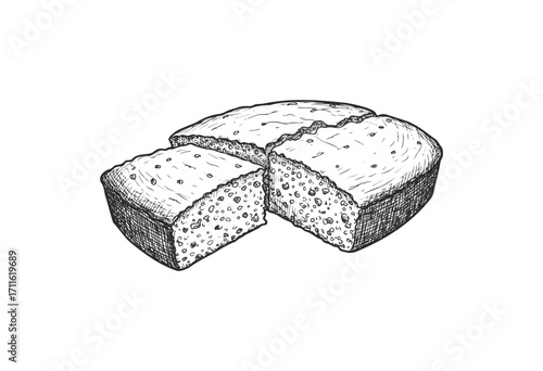 Hand-drawn loaf and slice of bread with textured crust and interior detail - stock vector