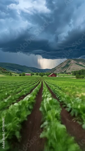Green Farmland Under a Dramatic Stormy Sky