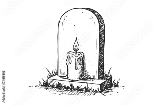 Gravestone with burning candle and grass sketch in black and white - stock vector