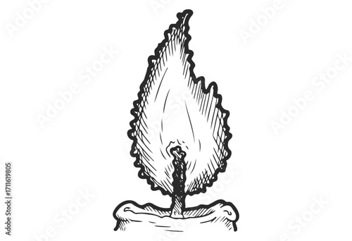 Hand-drawn candle flame with detailed wax base outline in black and white - stock vector