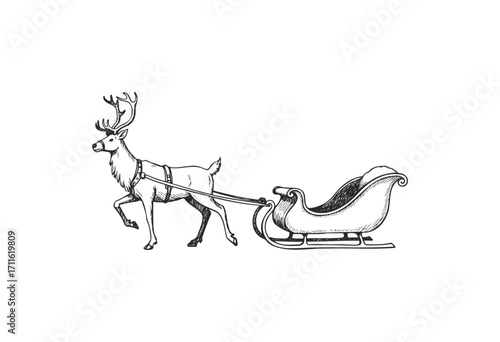 Reindeer pulling sleigh: vintage black and white illustration of traditional christmas scene - stock vector