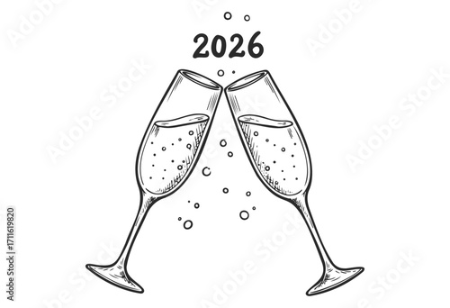 2026 celebration: hand-drawn champagne toast illustration - stock vector