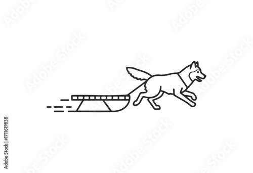 Outline icon of husky dog pulling sled at speed - stock vector