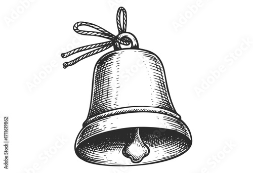 Vintage hand-drawn bell illustration with detailed rope and clapper - stock vector